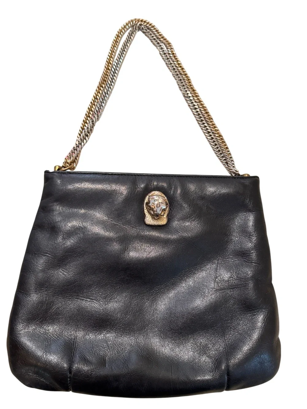 Ruth Saltz Vintage Black Leather Lion Cougar Head Metal Chain Strap Bag Purse